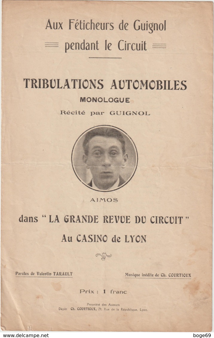 (TRE) Tribulations Automobiles , Monologue Récité Par GUIGNOL ,   AIMOS - Partitions Musicales Anciennes