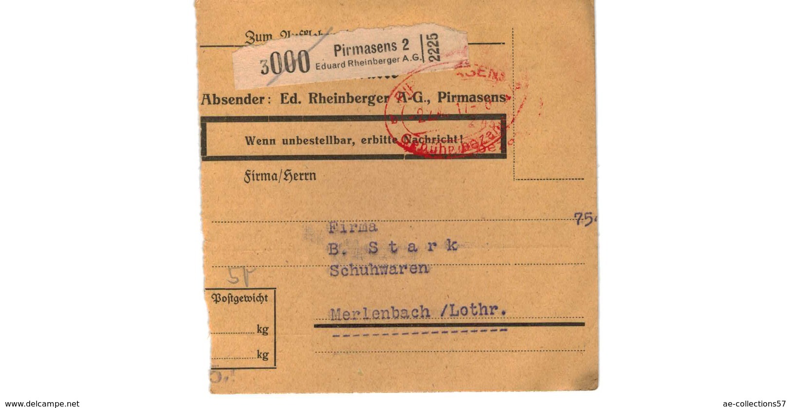 Allemagne  - Colis Postal  Départ Pirmasens ( Edouard Rheinberger A G  )   -  1 Trou - Lettres & Documents