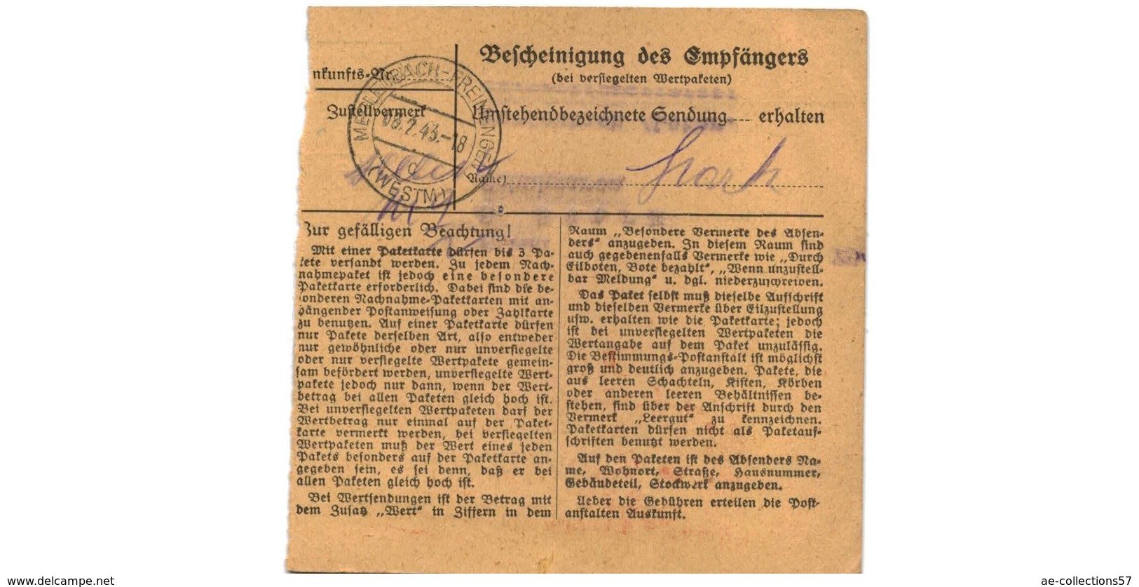 Allemagne  - Colis Postal  Départ Pirmasens ( Edouard Rheinberger A G  )   -  1 Trou - Lettres & Documents