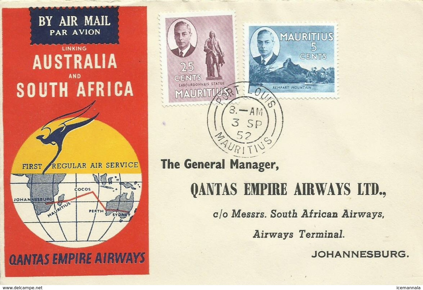 MAURITIUS, CARTA CIRCULADA A JOHANNESBURG  EL 3/9/1952 CON MATASELLOS DE LLEGADA - Mauricio (...-1967)