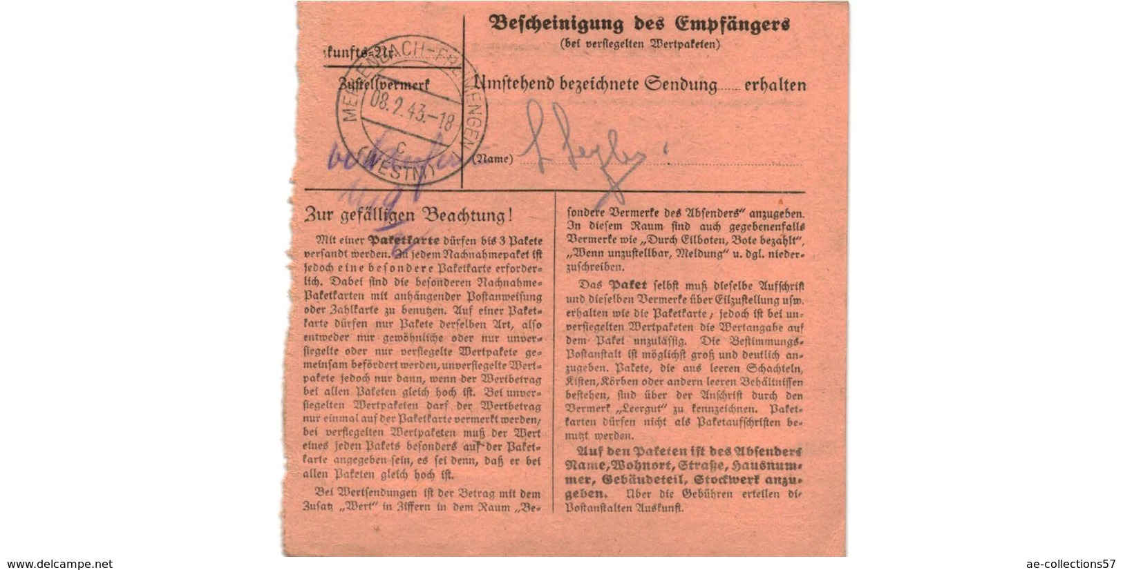 Allemagne  - Colis Postal  Départ Pirmasens -  Kaiser & Cie Schuhfabrik  -  3-2-43 - Lettres & Documents