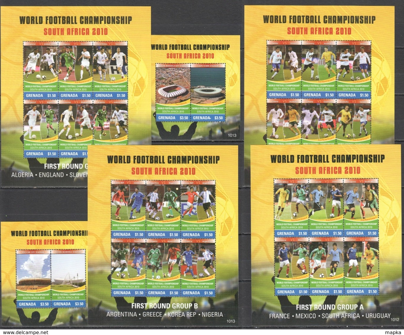 W723 2010 GRENADA SPORTS FOOTBALL WORLD CUP SOUTH AFRICA STADIUMS #6245-72 !!! MICHEL 40 EURO !!! 4KB+2BL MNH - 2010 – Sud Africa