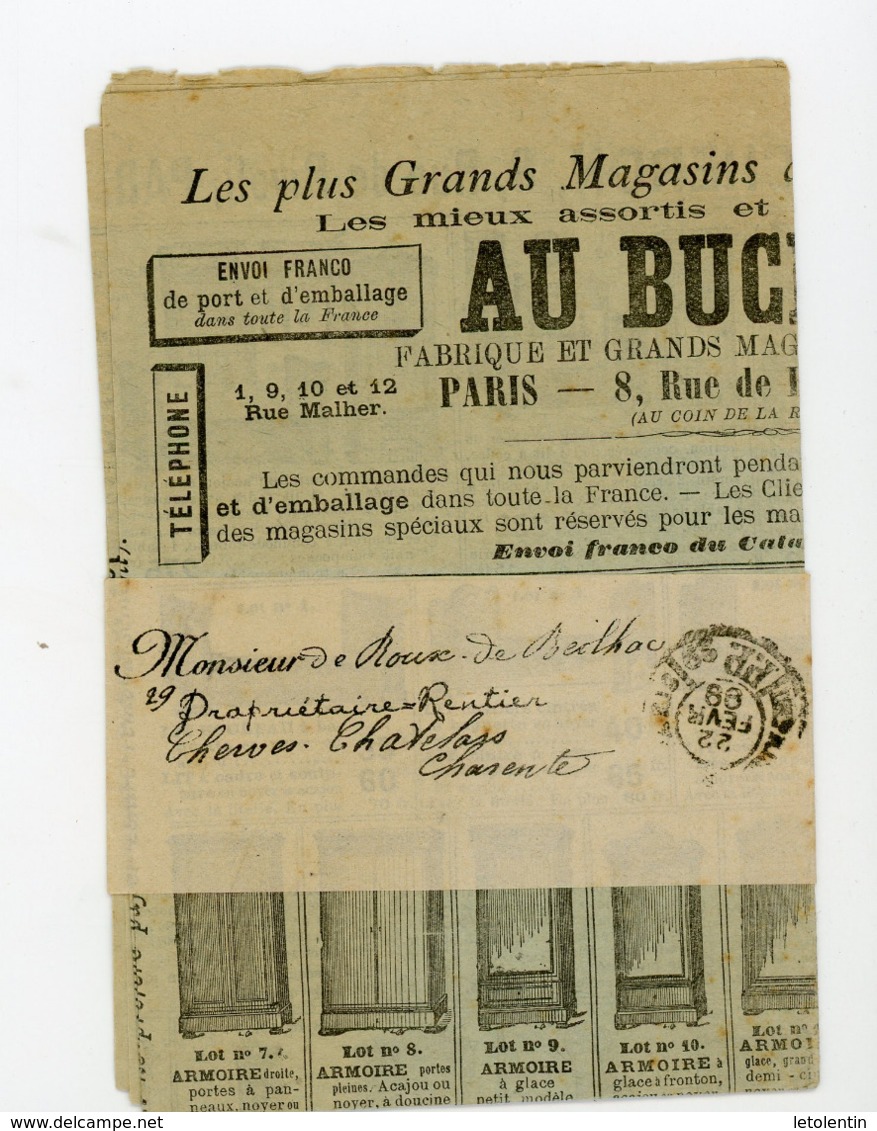 CACHET DES IMPRIMÉS "PARIS ? PP" SUR BANDE DE JOURNAL SUR PUB "AU BUCHERON" DE 1899 - 1877-1920: Semi Modern Period