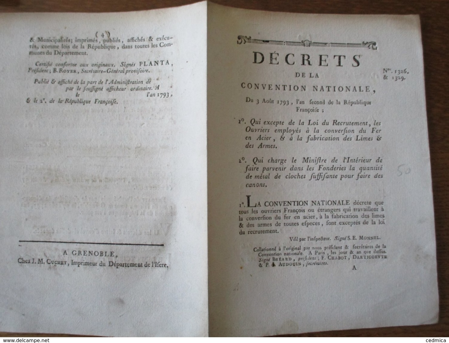 3 AOÛT 1793 DECRETS DE LA CONVENTION NATIONALE FAIRE PARVENIR DANS LES FONDERIES METAL DE CLOCHES POUR FAIRE DES CANONS - Décrets & Lois