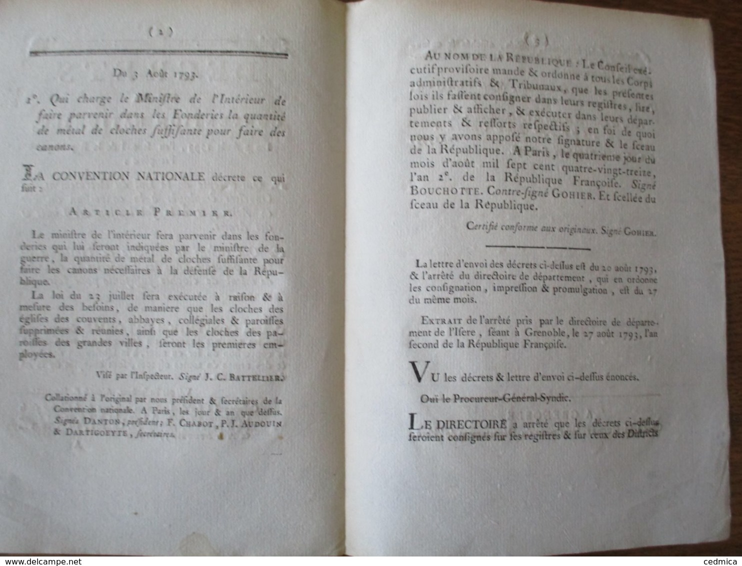 3 AOÛT 1793 DECRETS DE LA CONVENTION NATIONALE FAIRE PARVENIR DANS LES FONDERIES METAL DE CLOCHES POUR FAIRE DES CANONS - Décrets & Lois