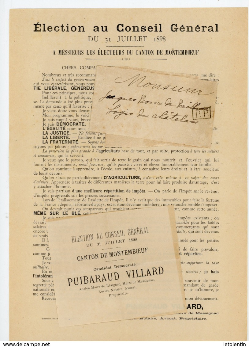 GRIFFE  "PP" SUR BANDE DE JOURNAL POUR L'ELECTION AU CONSEIL GENERAL DE MONTEMBOEUF AVEC BULLETIN 1898 - 1877-1920: Période Semi Moderne