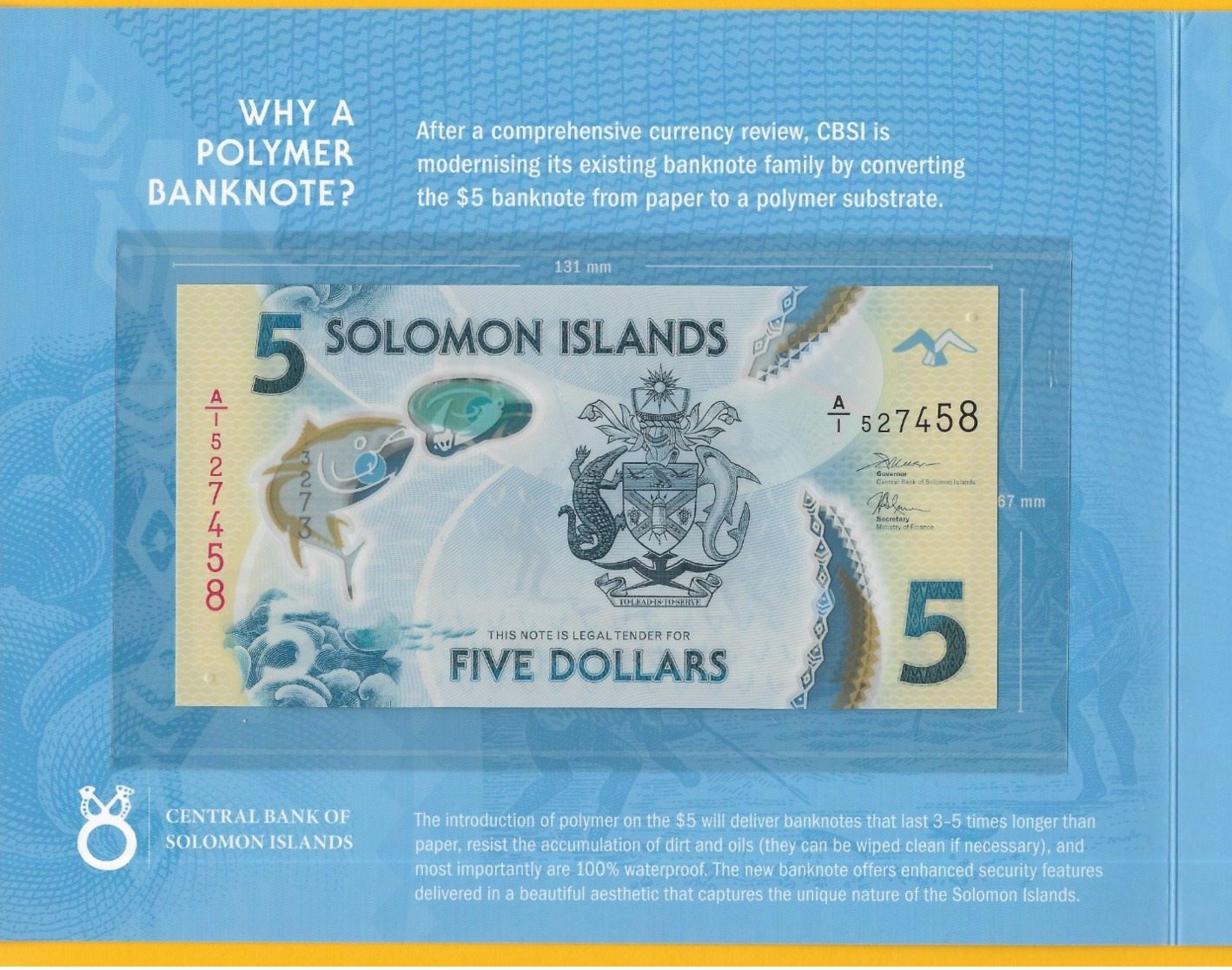 Solomon Islands 5 Dollars P-new 2019 UNC Polymer Banknote IN FOLDER - Solomon Islands