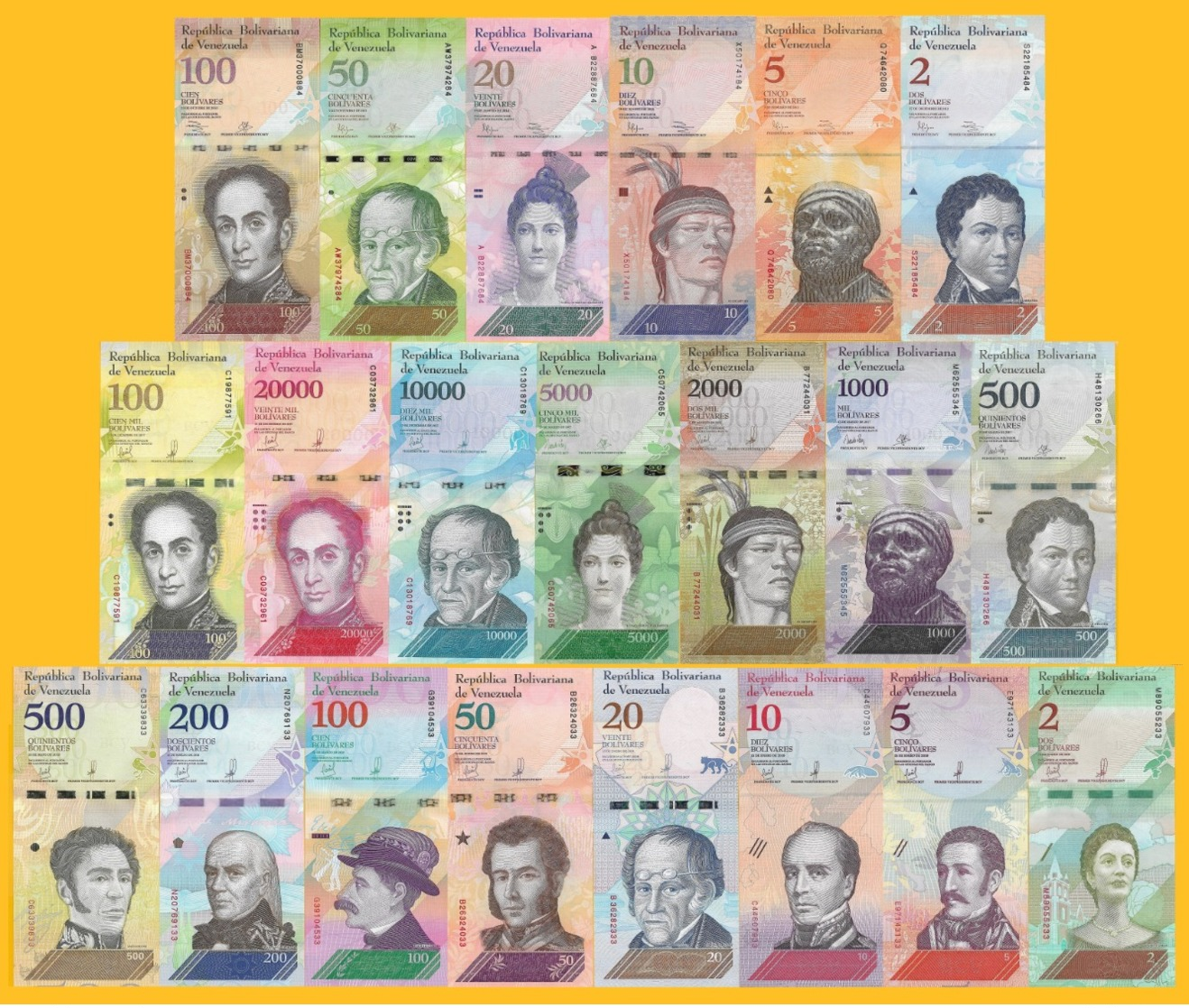 Venezuela Full Set 2 - 100000 Bolivares & 2 - 500 Soberanos (21 Banknotes) UNC - Venezuela