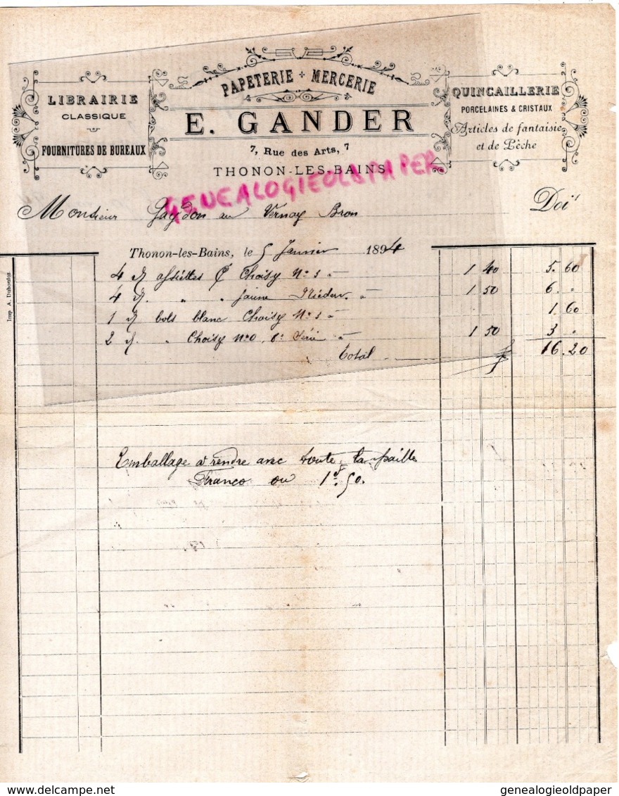 74- THONON LES BAINS- FACTURE 1894- E. GANDER - PAPETERIE MERCERIE-LIBRAIRIE- PORCELAINES-7 RUE DES ARTS - Drukkerij & Papieren