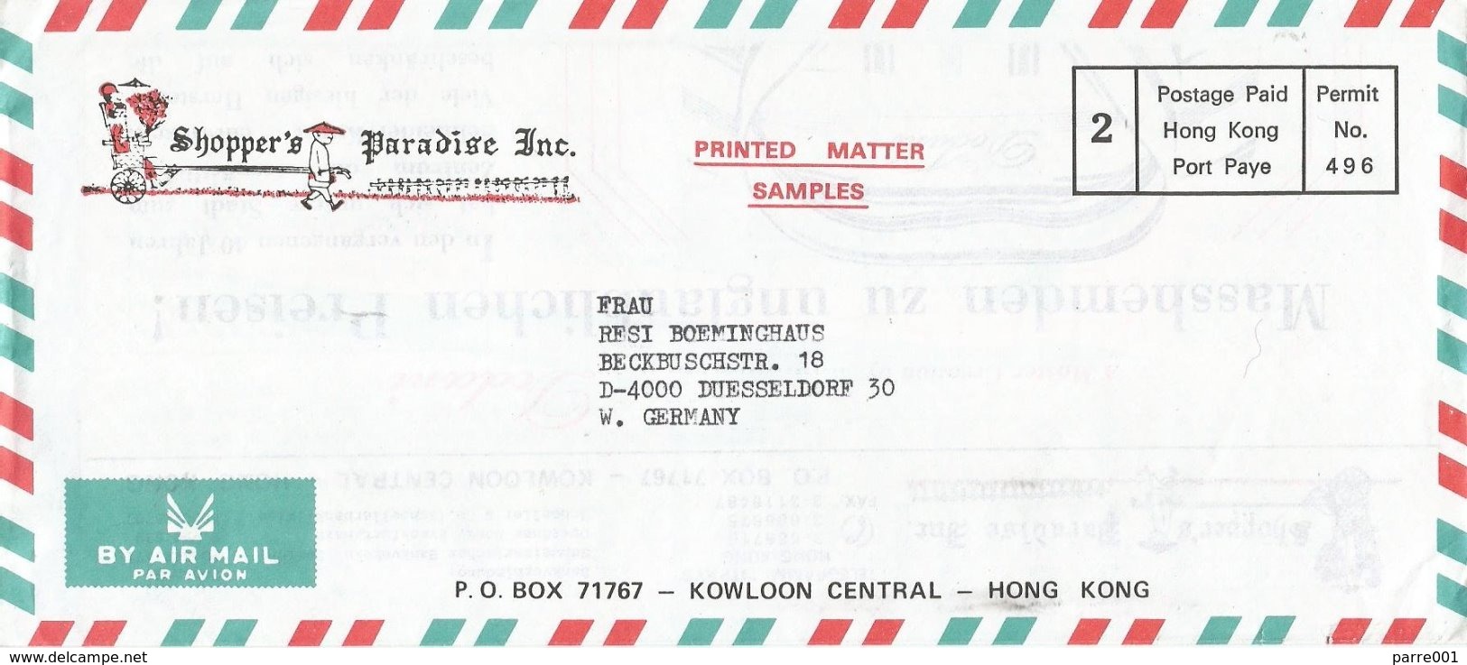 Hong Kong Unfranked Postage Paid Permit No. 496 Shopper's Paradise Inc. Tailors Cover - Brieven En Documenten