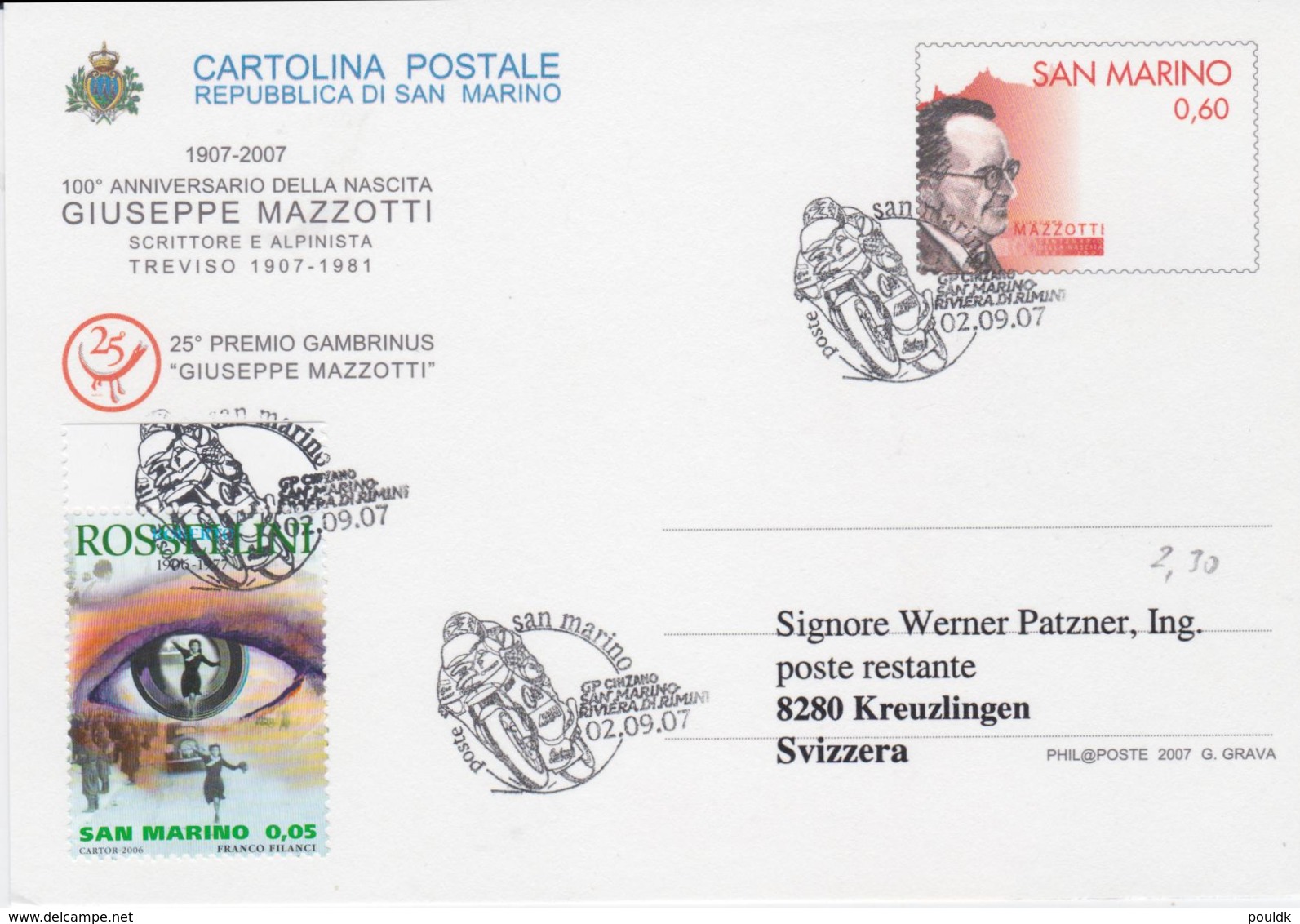 San Marino Postal Stationary 2007 Giuseppe Mazzotti Posted San Marino GP Cinsano San Marino - Motorfietsen