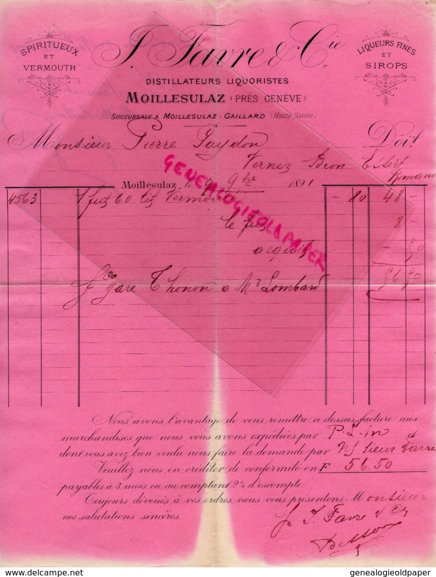 SUISSE - MOILLESULAZ PRES GENEVE- RARE FACTURE 1891- J. FAVRE -SPIRITUEUX VERMOTH-LIQUEURS FINES SIROPS - Suiza