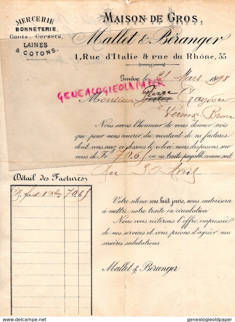 SUISSE - GENEVE - RARE LETTRE 1898- MALLET & BERANGER- MERCERIE BONNETERIE -GANTS GANTERIE-CORSETS-1 RUE ITALIE - Suisse