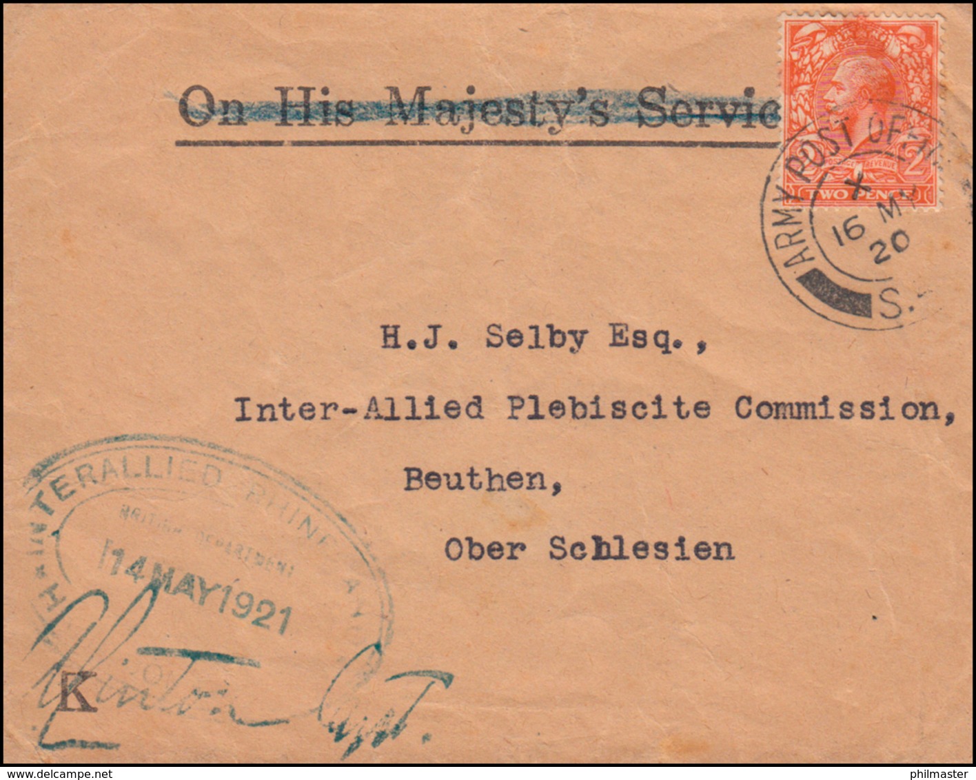 Großbritannien Feldpost ARMY POST OFFICE 16.5.1920 Auf Brief Nach Oberschlesien - Sonstige & Ohne Zuordnung