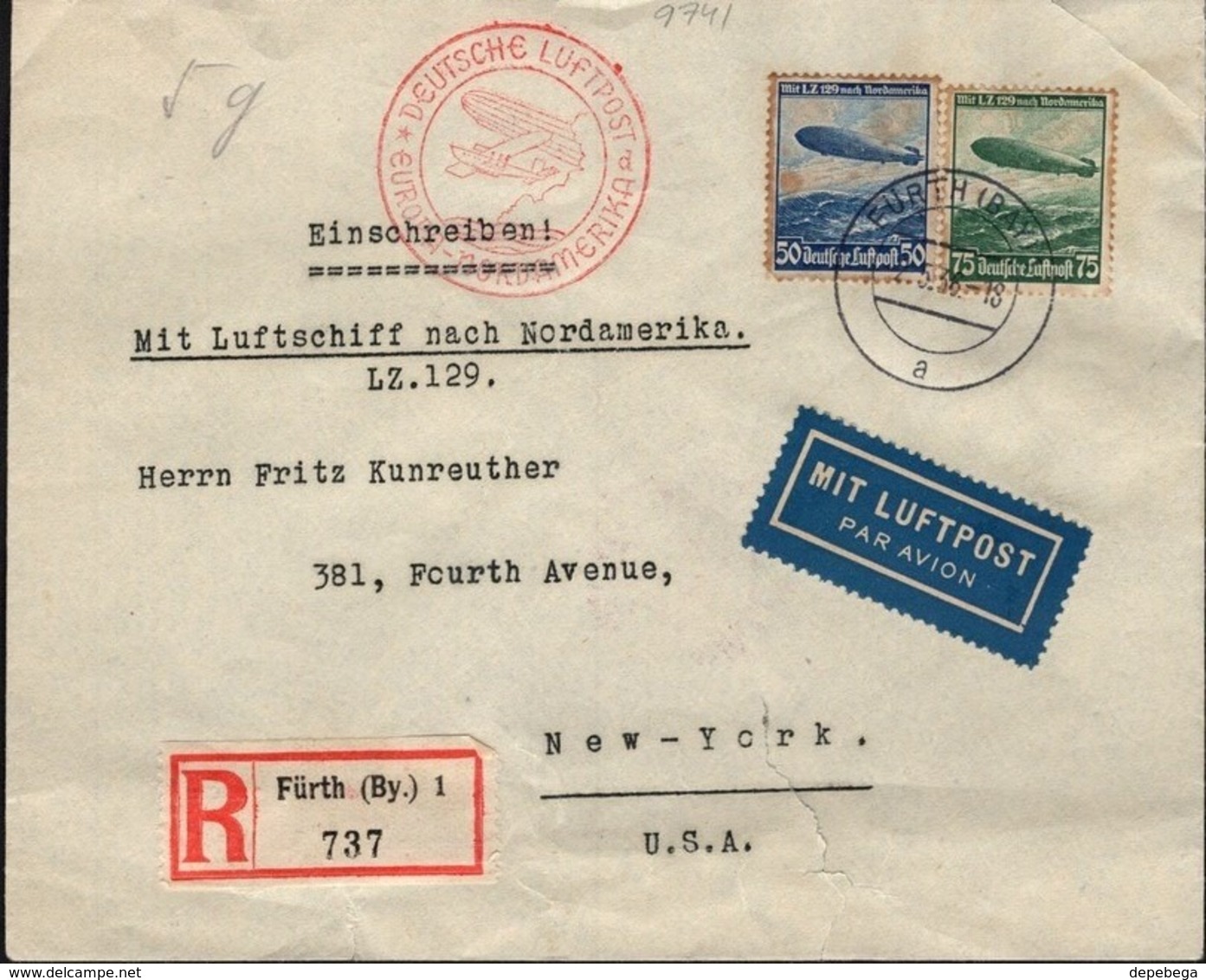 Germany - Air Mail, DEUTSCHE LUFTPOST EUROPA SÜDAMERIKA (Mi.606-607) MiF Brief, Fürth 9.5.1936 To New York, USA. - Covers & Documents