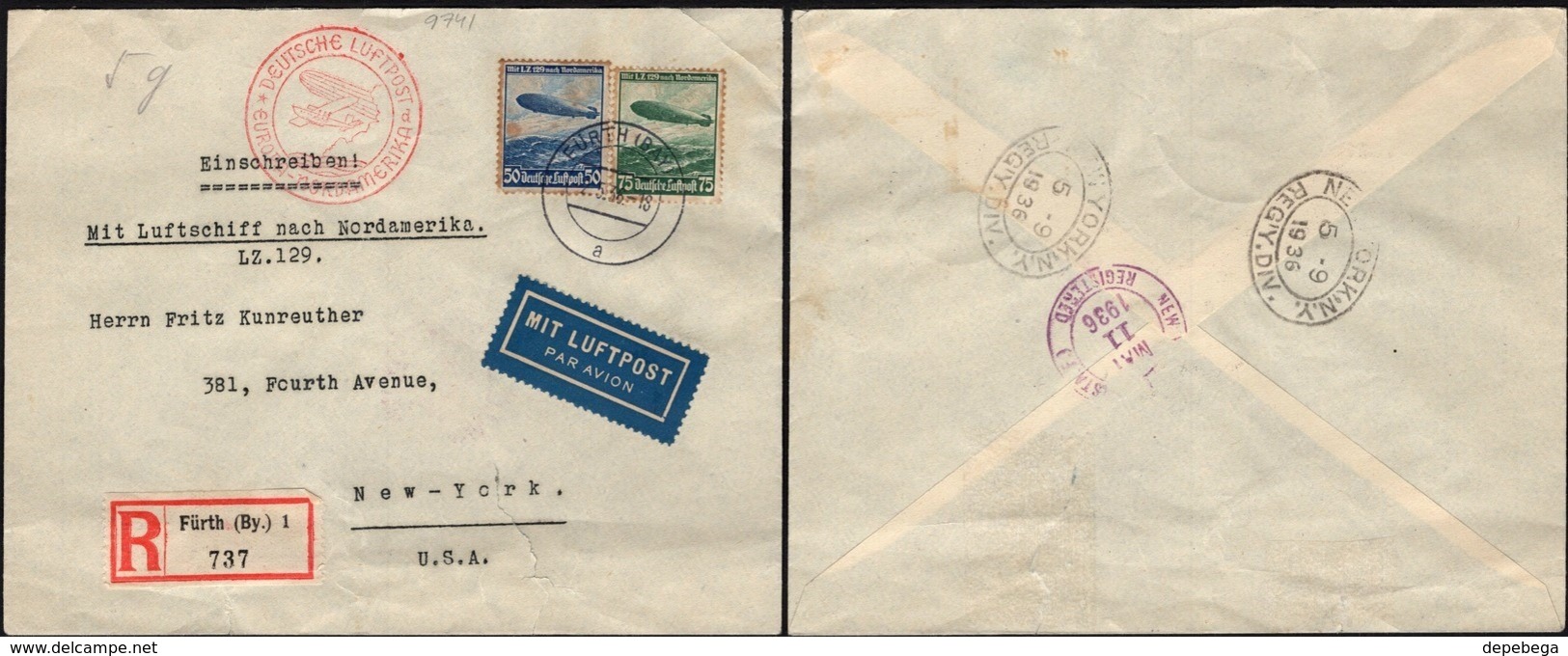 Germany - Air Mail, DEUTSCHE LUFTPOST EUROPA SÜDAMERIKA (Mi.606-607) MiF Brief, Fürth 9.5.1936 To New York, USA. - Lettres & Documents