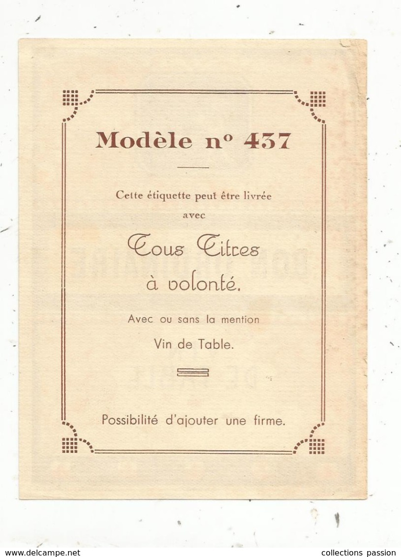 étiquette ,vin De Table , Bon Ordinaire , Modéle N° 437 , 2 Scans - Autres & Non Classés