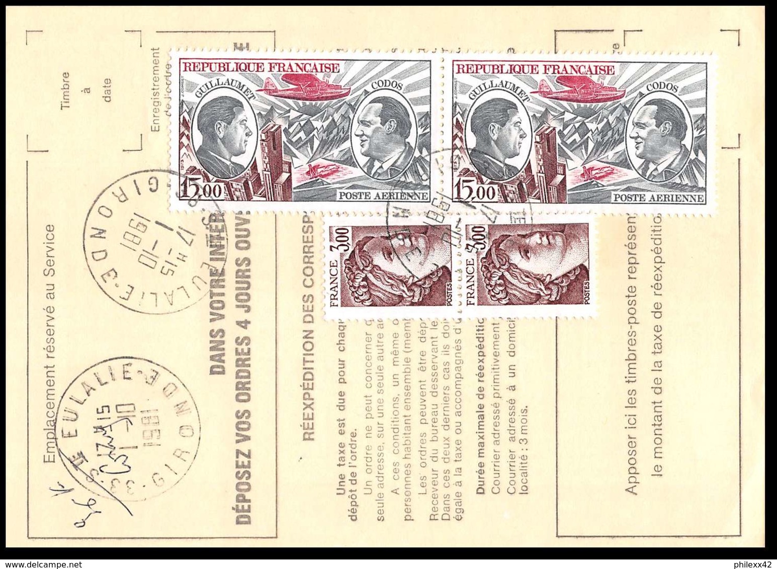 50684 Ste Eulalie Gironde Poste Aérienne PA N°48 Guillaumet Codos X 2 Airmal Ordre De Reexpedition Temporaire France - 1960-.... Briefe & Dokumente