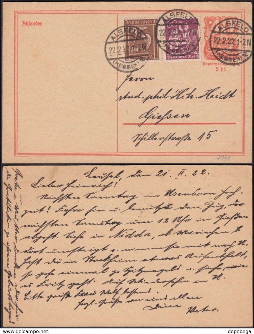 Germany - Inflation Postal Stationery, Ganzsache (P-141) Mischfrankatur, ALSFELD, 22.2.1922. - Other & Unclassified