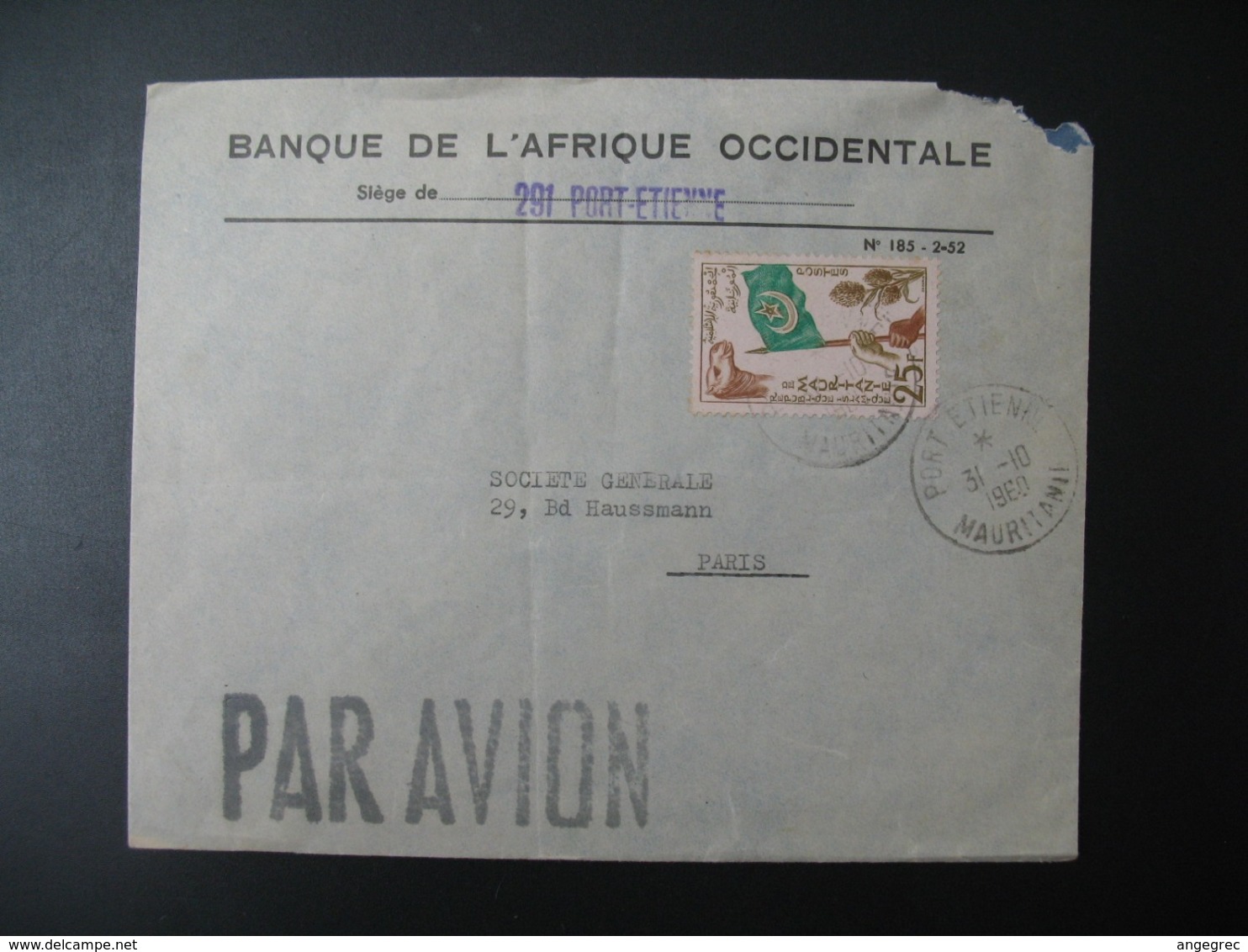 Enveloppe  Mauritanie 1960  Banque De L'Afrique Occidentale siège Port-Etienne   Pour La Sté Générale En France - Mauritanie (1960-...)