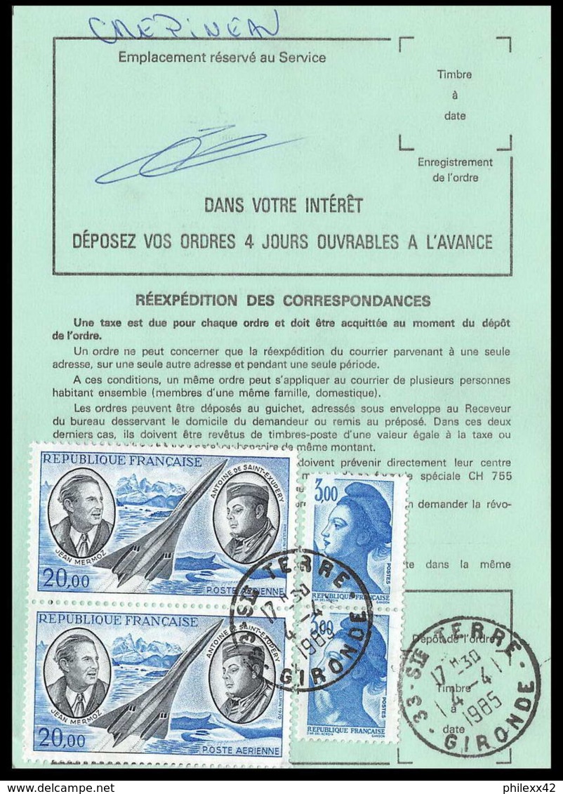 50982 Ste Terre Gironde Poste Aérienne PA N°44 Concorde Mermoz St Exupery X2 Airmal Ordre De Reexpedition Definitif - 1960-.... Lettres & Documents