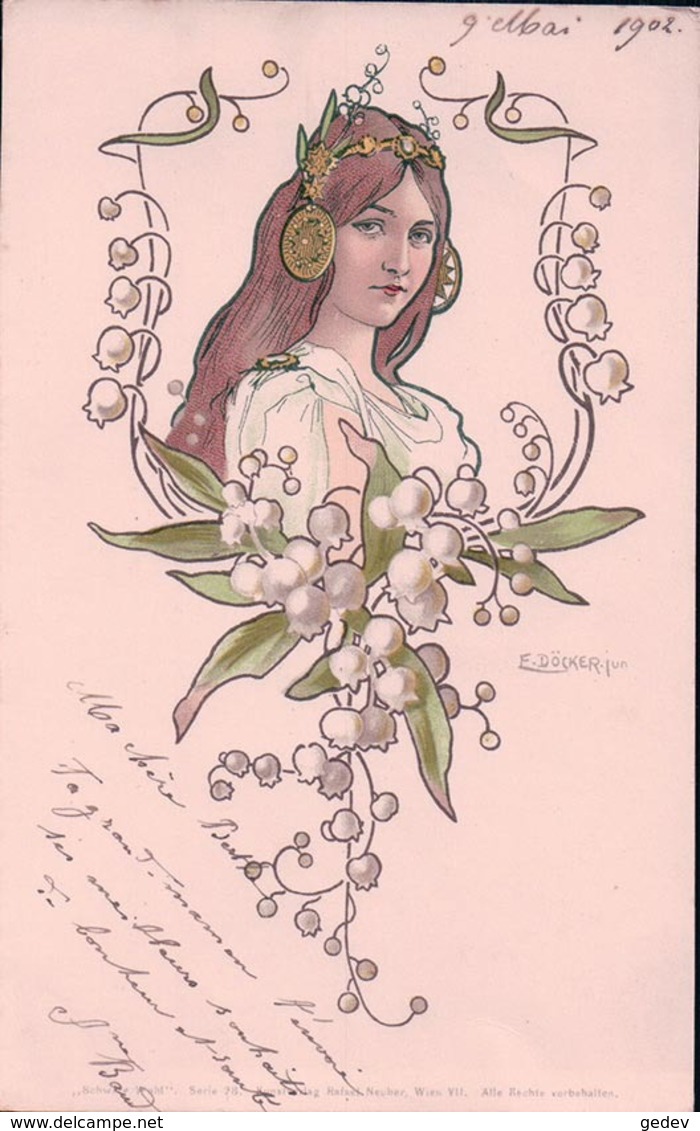 E. Döcker, Portrait De Femme Et Muguet, Art Nouveau, Litho (28) - Doecker, E.