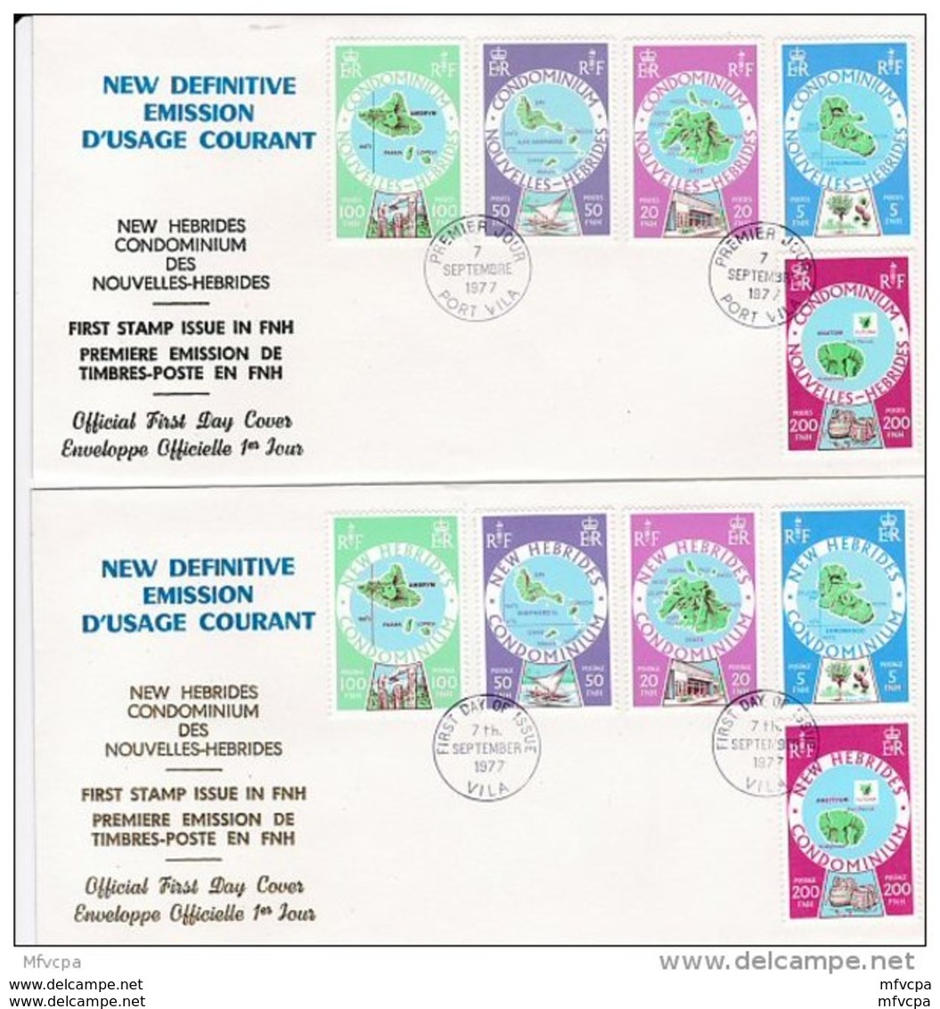 L4N105 NOUVELLES HEBRIDES 1977 FDC First Stamp Issue In FNH 5,20,50,100,200 FNH Port Vila 07 09 1977/ 2 Envel.  Illus. - FDC