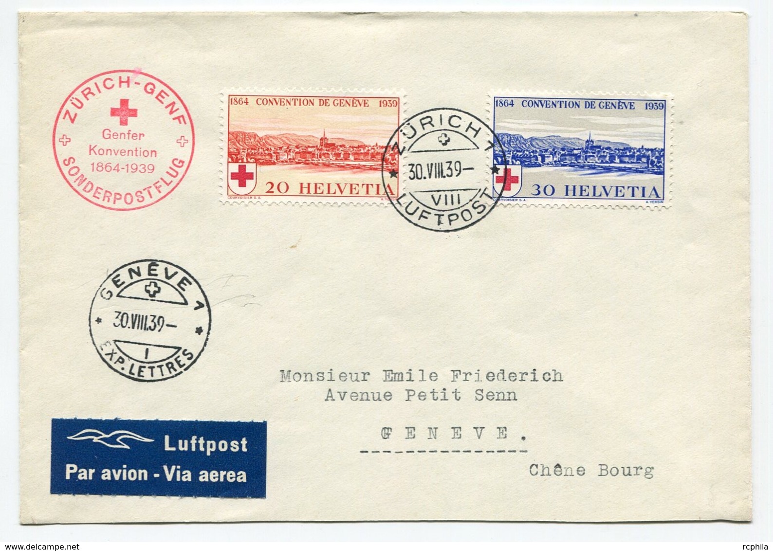 RC 13674 SUISSE 1939 ZURICH GENF SONDERPOSTFLUG 1er VOL FFC - Primi Voli
