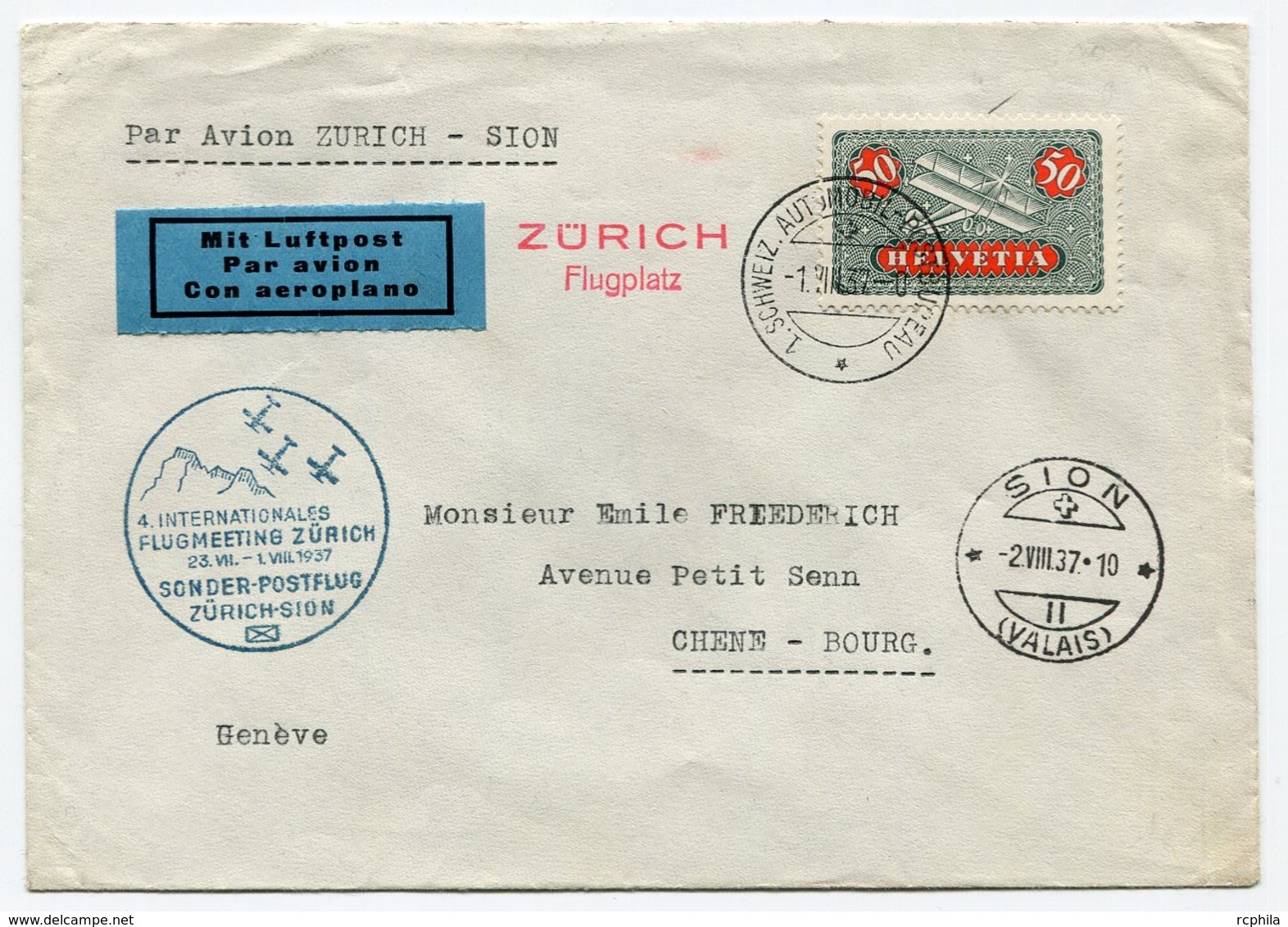 RC 13677 SUISSE 1937 MEETING DE ZURICH - SION 1er VOL FFC - First Flight Covers