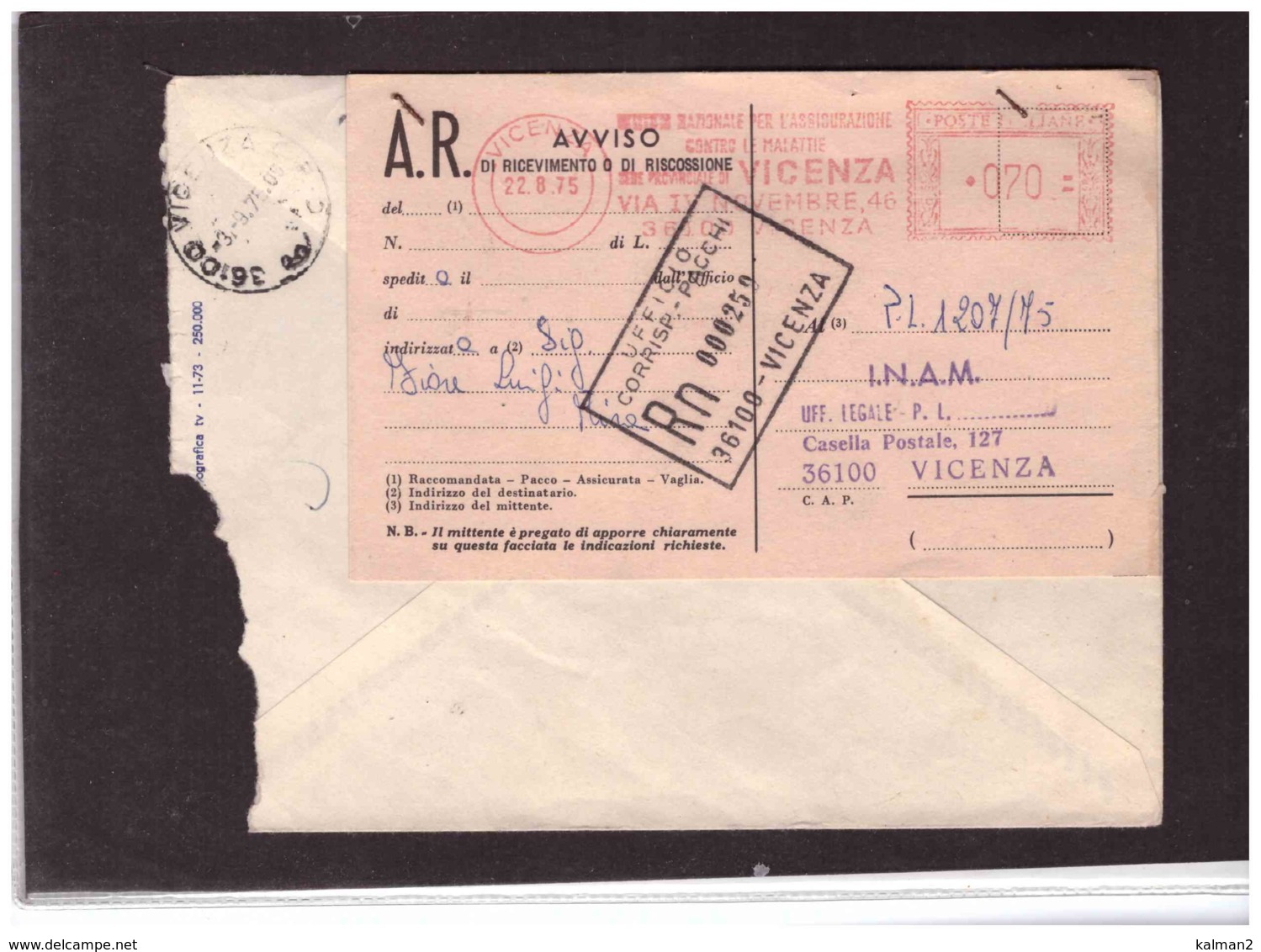 R58   -   VICENZA  22.8.1975   /   RACCOMANDATA " IST. NAZ.LE PER L'ASSICURAZIONE CONTRO LE MALATTIE" - Franking Machines (EMA)