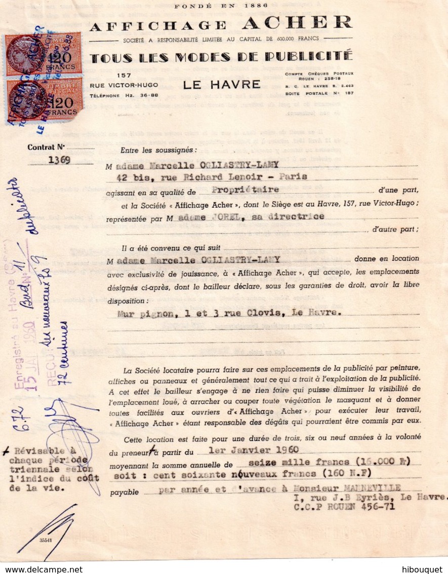 Contrat D'affichage Acher, Le Havre, 1960 2 Timbres Orangé De 120 Francs - Non Classés