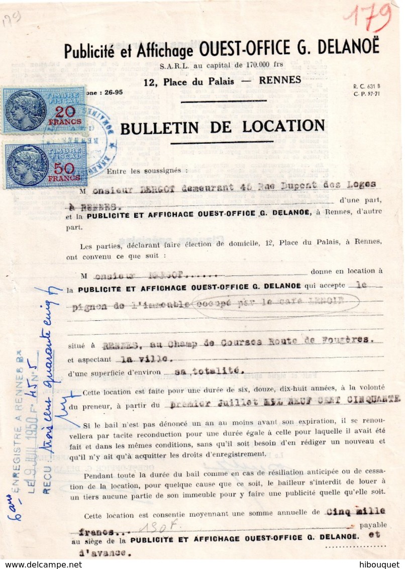 Bulletin De Location Publicité-affichage Ouest-Office, G. Delanoë, 1950,  2 Timbres Fiscaux Bleu 50 Francs & 20 Francs - Non Classés