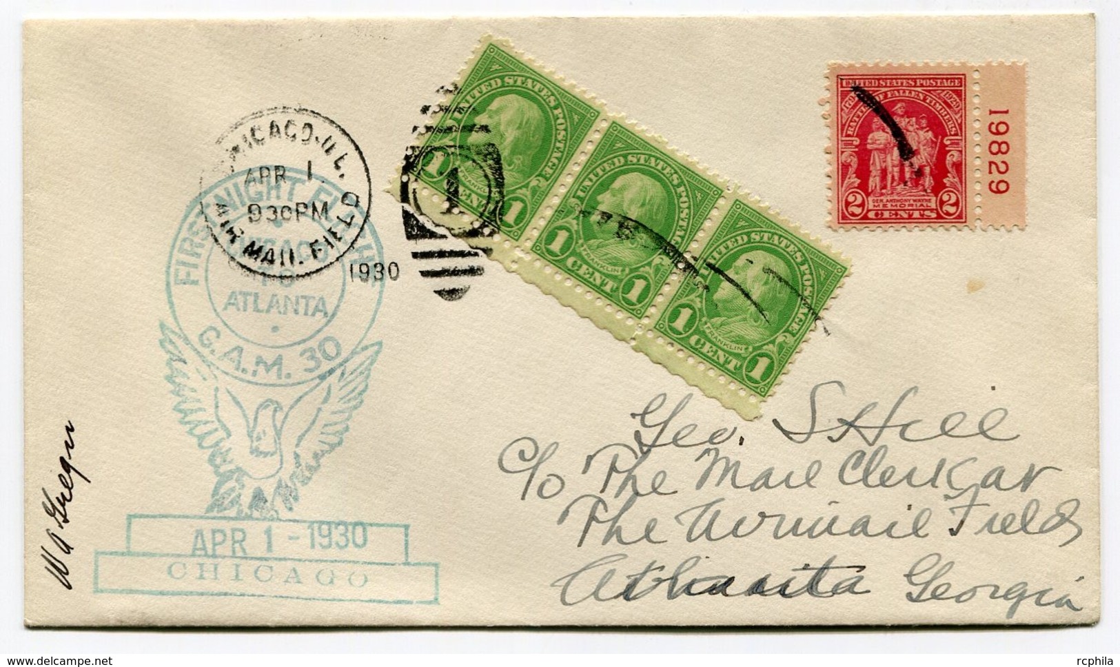 RC 13684 USA 1930 CHICAGO TO ATLANTA FLIGHT 1er VOL FFC - 1c. 1918-1940 Covers