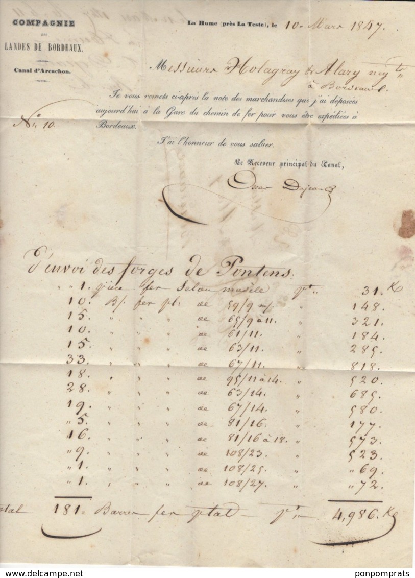 GIRONDE: Pli De LA HUME De 1847 En Port Du Avec Sans CàD + Cursive 32 Gujan  > BORDEAUX - 1801-1848: Précurseurs XIX