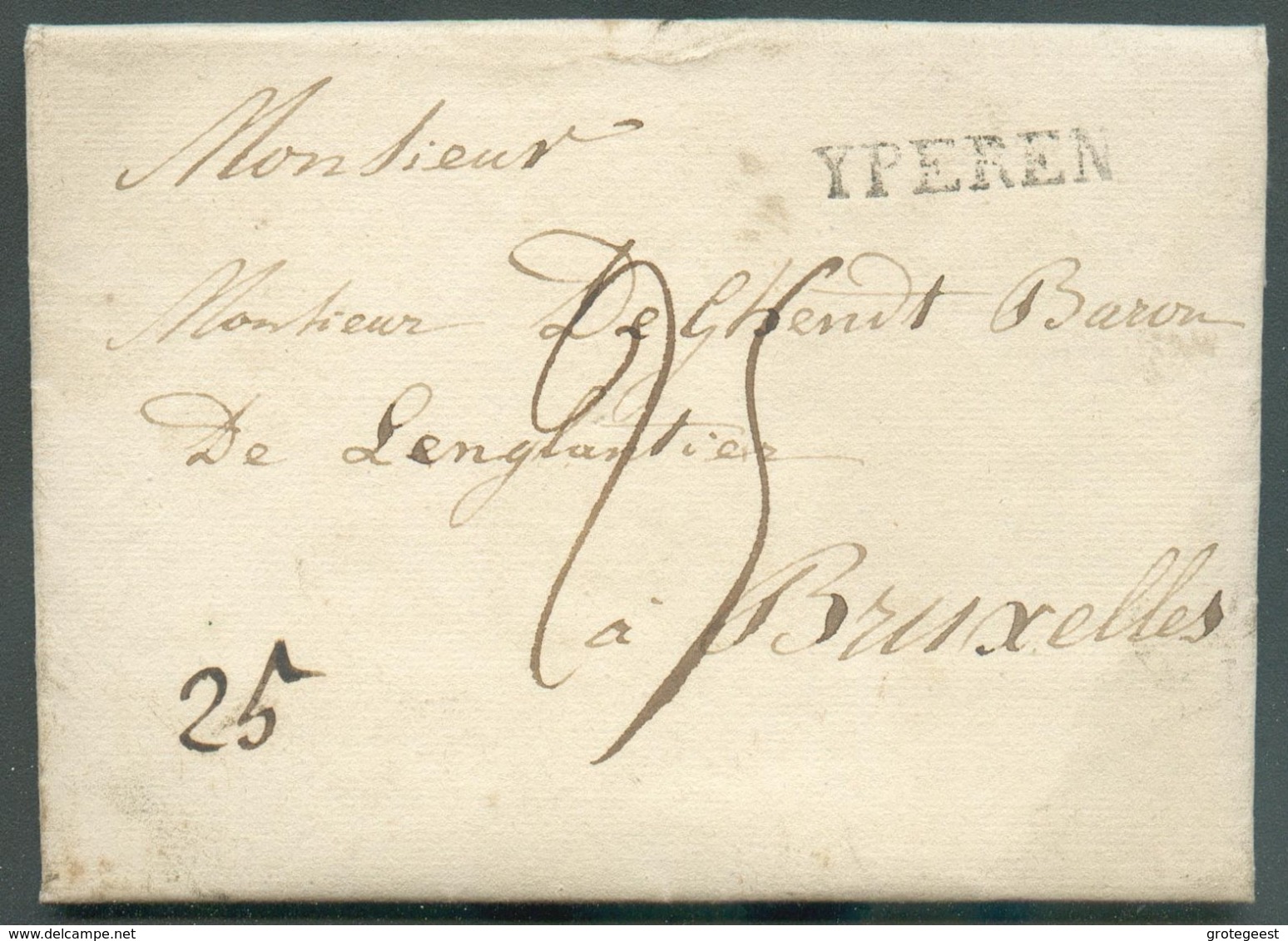 LAC D'YPEREN (griffe Noire D'YPRES) Le 4 Septembre 1828 + Man. '25' Cents Vers Bruxelles. - 14597 - 1815-1830 (Holländische Periode)