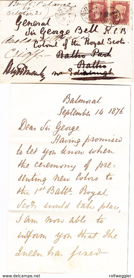 1876 Zwei Briefe, Interessante Korrespondenz  Of The Royal Scotts In Balmoral Nach Ratho Park Bei Edinburgh - Covers & Documents