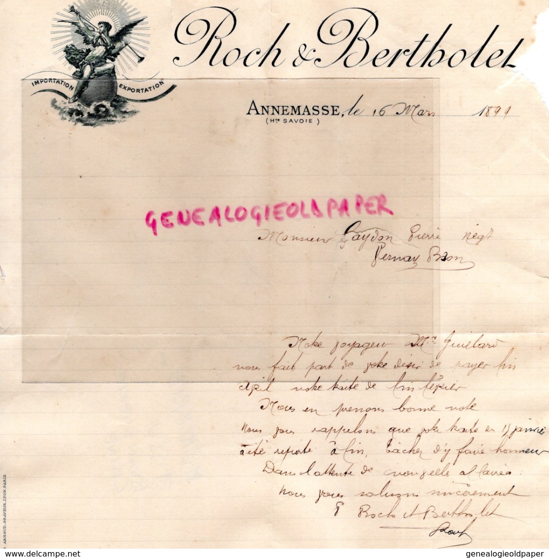 74- ANNEMASSE- RARE LETTRE MANUSCRITE SIGNEE   ROCH & BERTHOLET- 1899 - 1800 – 1899