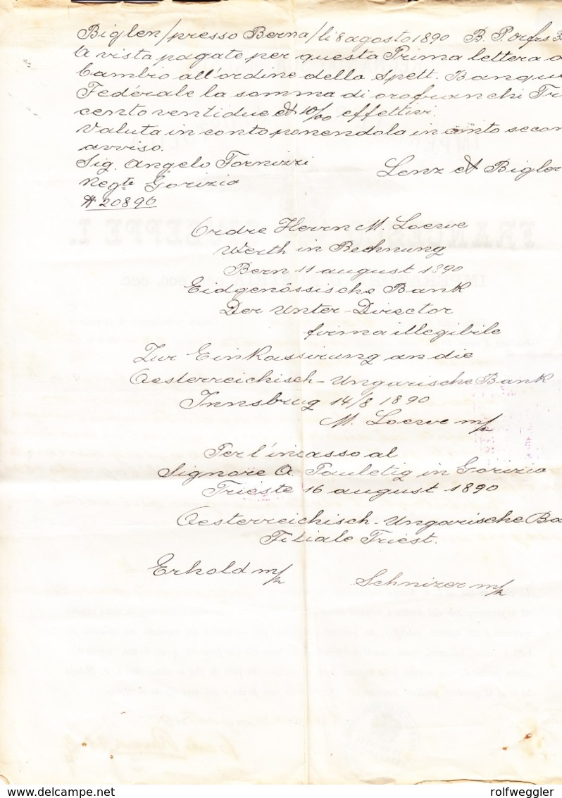 1890 Dokument Aus Goricia Mit 1 Gulden Steuermarke; Zusätzlich Check Gestempelt Eidgenössische Bank Bern - Steuermarken