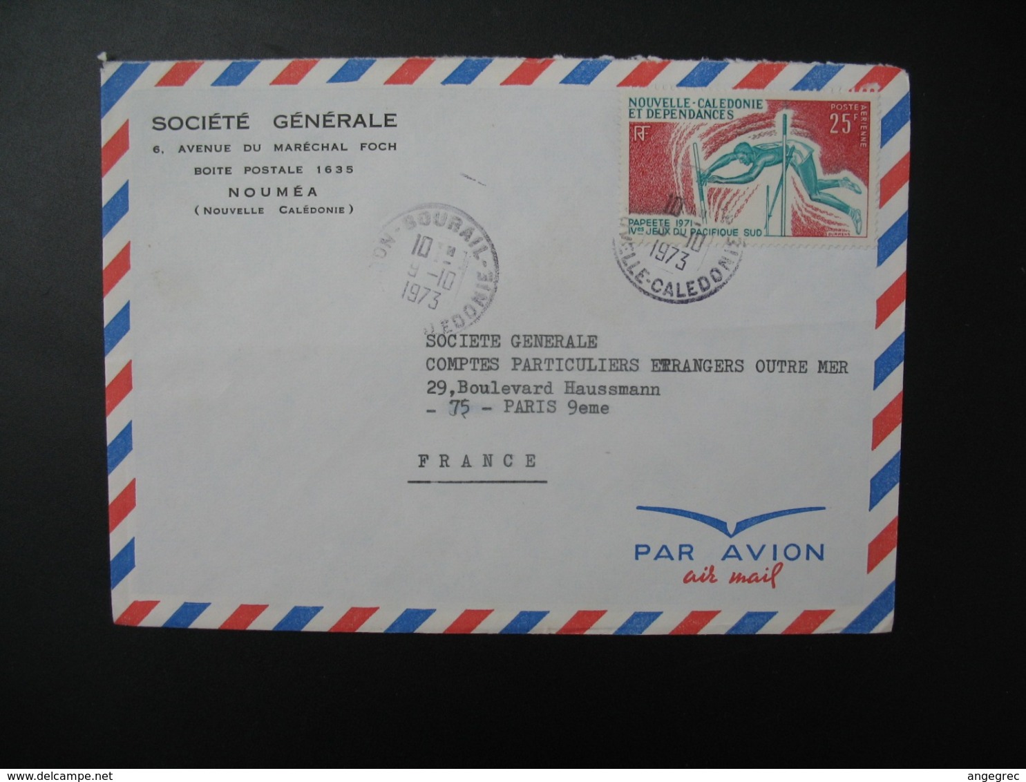 Enveloppe Nouvelle-Calédonie Nouméa 1973   Pour La Sté Générale  Agence Centrale Promotion Des Dépôts  en France Paris - Storia Postale