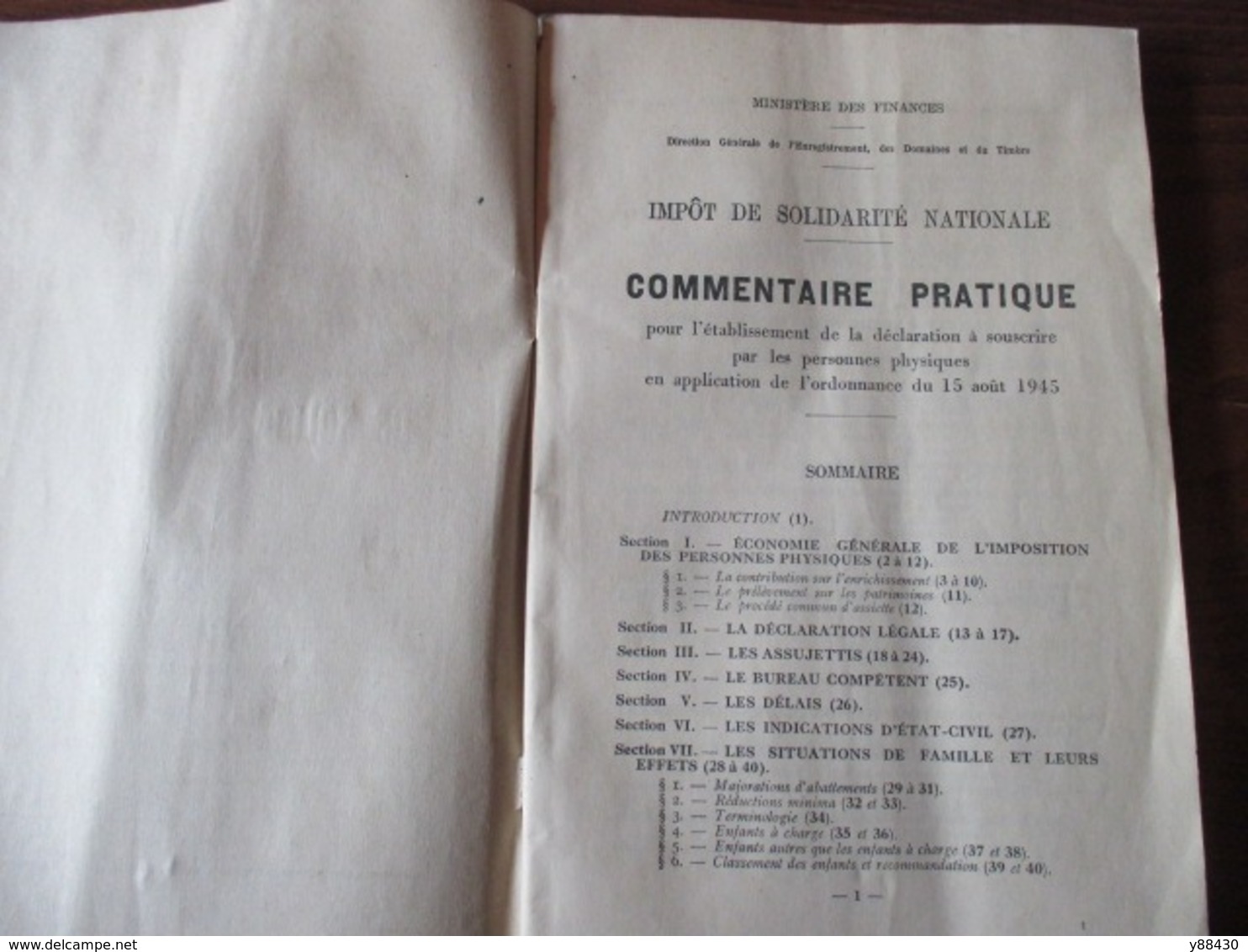 IMPOT DE SOLIDARITE NATIONALE De 1945 - Ministère Des Finances - Loi établie Après La GUERRE - 66 Pages - 19 Photos - Décrets & Lois