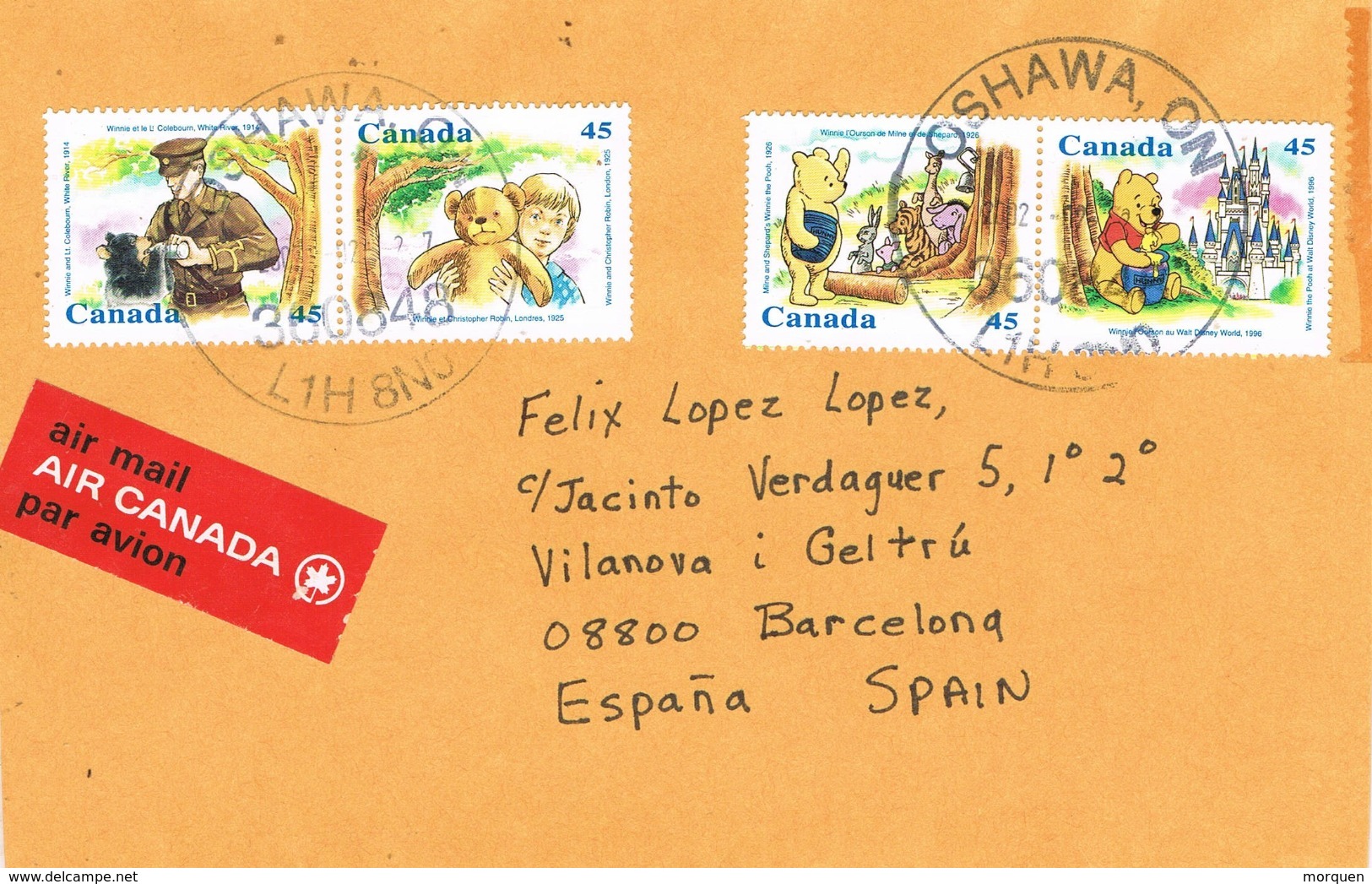 33875. Carta Aerea OSHAWA (Ontario) Canada 2002 To Vilanova I Geltru (barcelona). Ours WINNIE, Disney - Cartas & Documentos