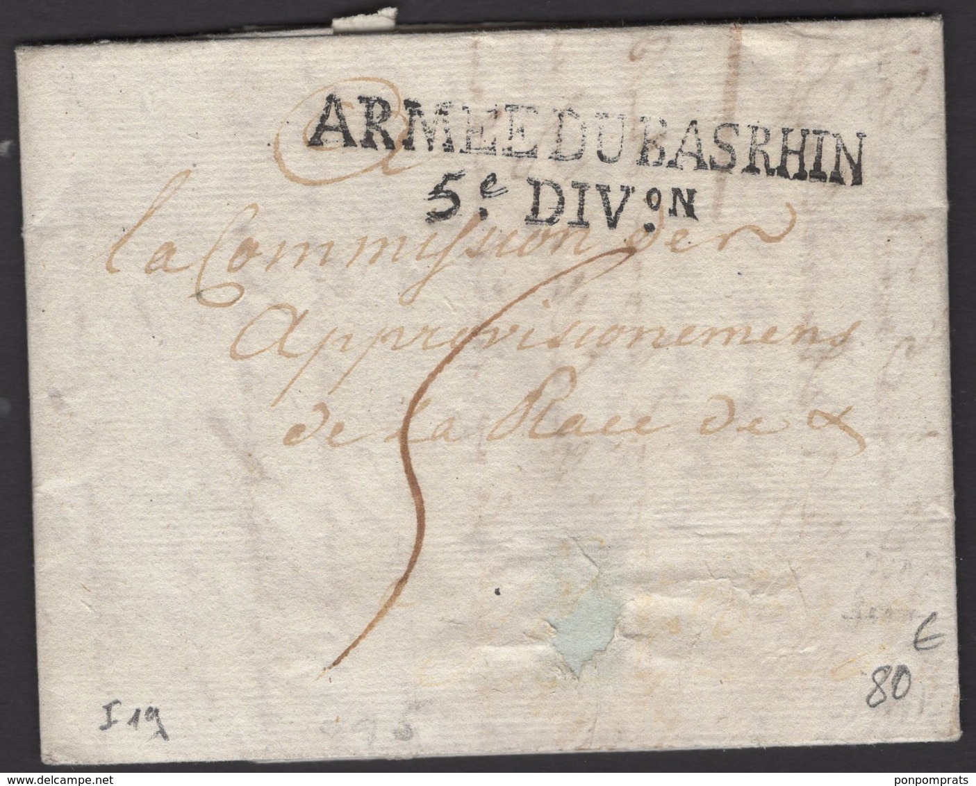 : Pli De 1794 En Port Du Avec Marque Linéaire : ARMEE DU BAS RHIN / ° DIVon > PARIS? - Marques D'armée (avant 1900)