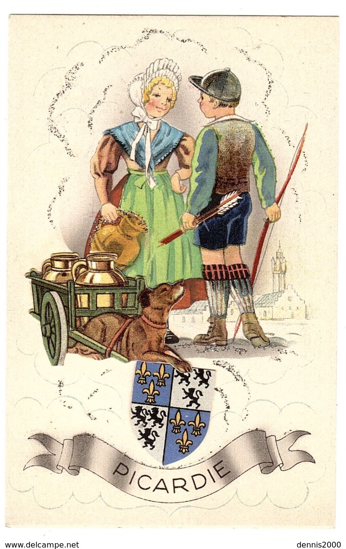 PICARDIE - CARTE FANTAISE - COUPLE - BLASON - Motifs En Relief - Picardie