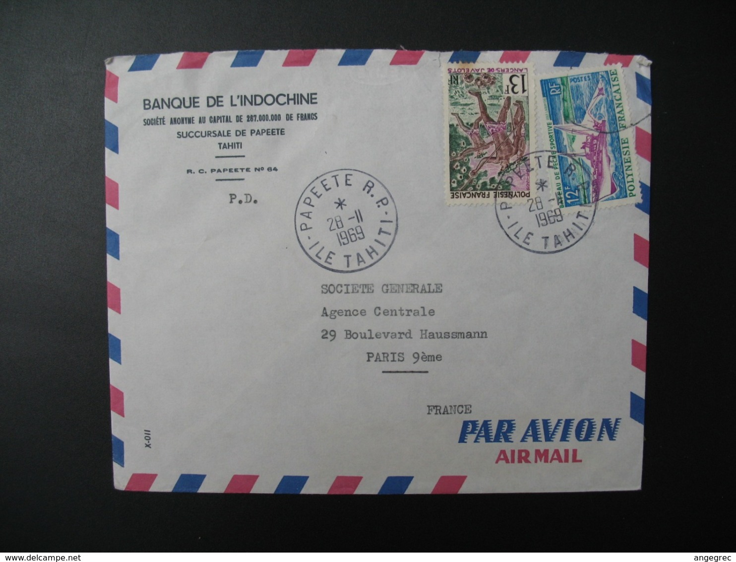 Enveloppe  Polynésie Française  Tahiti  1969 Banque De L'Indochine    Pour Sté Générale En France  Bd Haussmann Paris - Briefe U. Dokumente