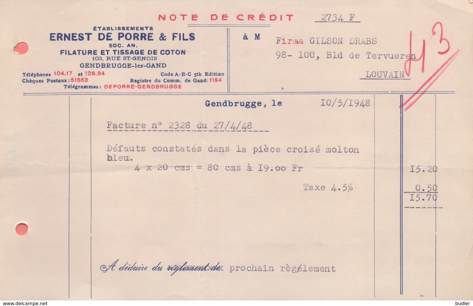 1948: Note De Crédit De ## Ét. Ernest DE PORRE & Fils, Rue St.-Genois, 103,  GENDBRUGGE-lez-GAND## à ## Firme GILSON-... - Vestiario & Tessile