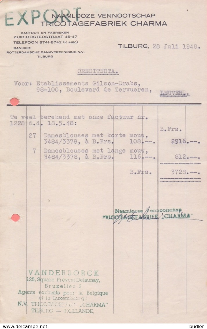 1948: Creditnota Van ## N.V. TRICOTAGEFABRIEK CHARMA, Zuid-Oosterstraat, 46-47, TILBURG ## Voor ## Et. GILSON-DRABS,... - Kleidung & Textil