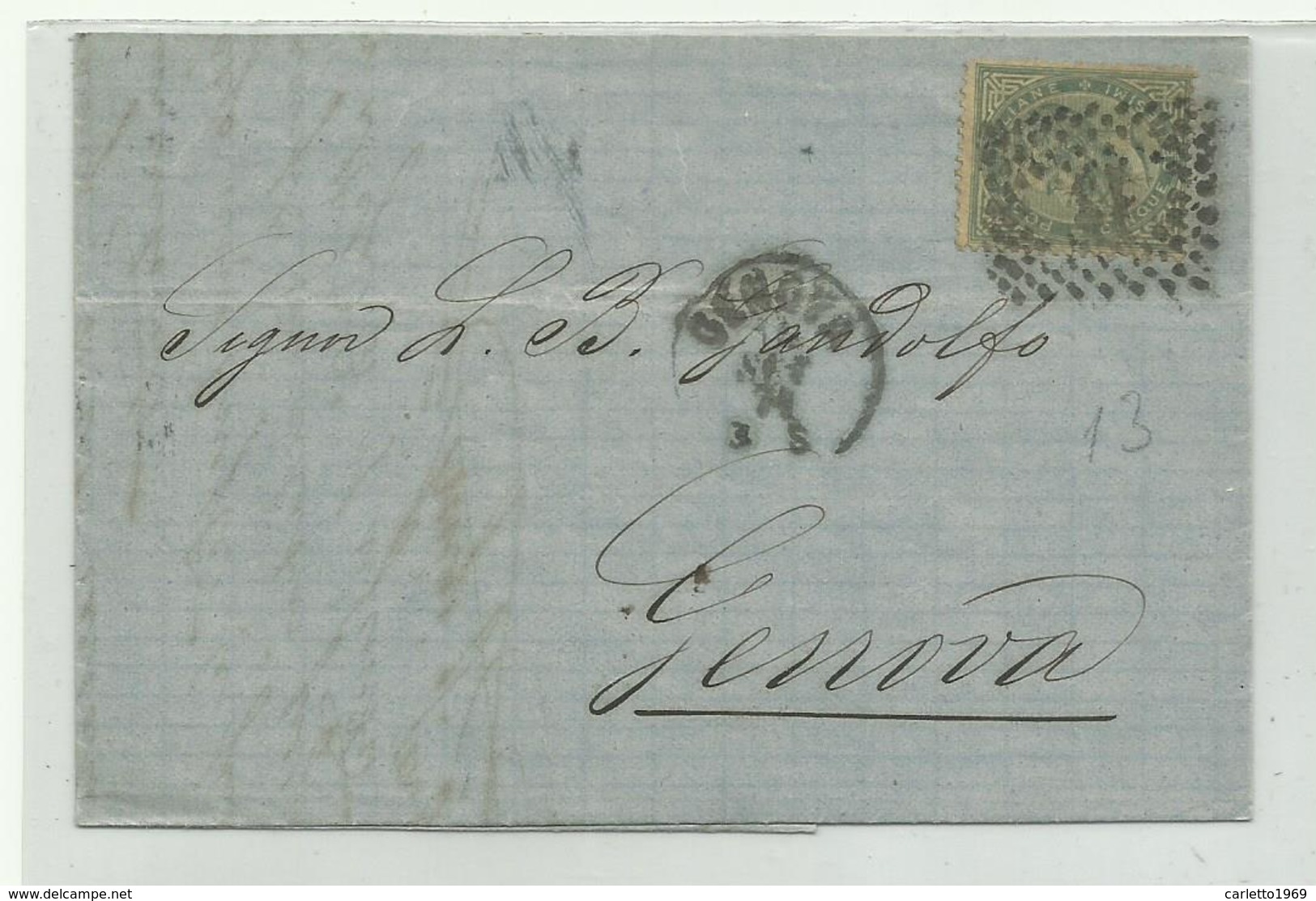 FRANCOBOLLO 5 CENTESIMI GRIGIO VERDE 1866 VITT. EMANUELE II  ISOLATO SU BUSTA - Used