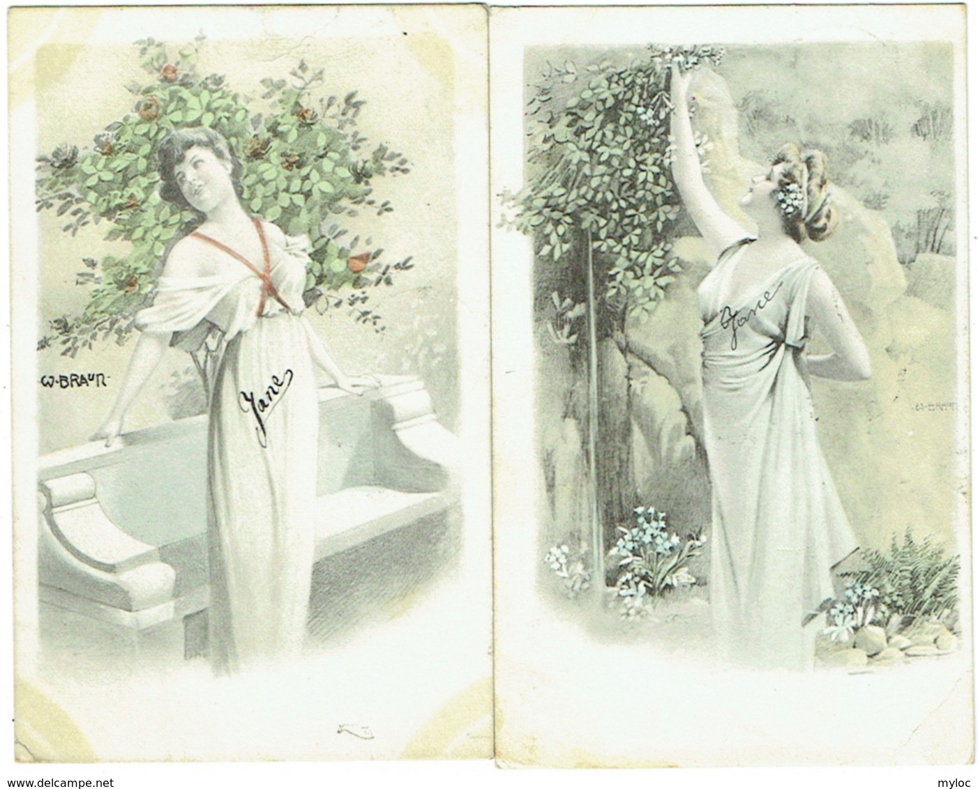 Illustrateur : W.Braun. Filles Fleuristes. Lot De 2 Cartes. - Braun, W.