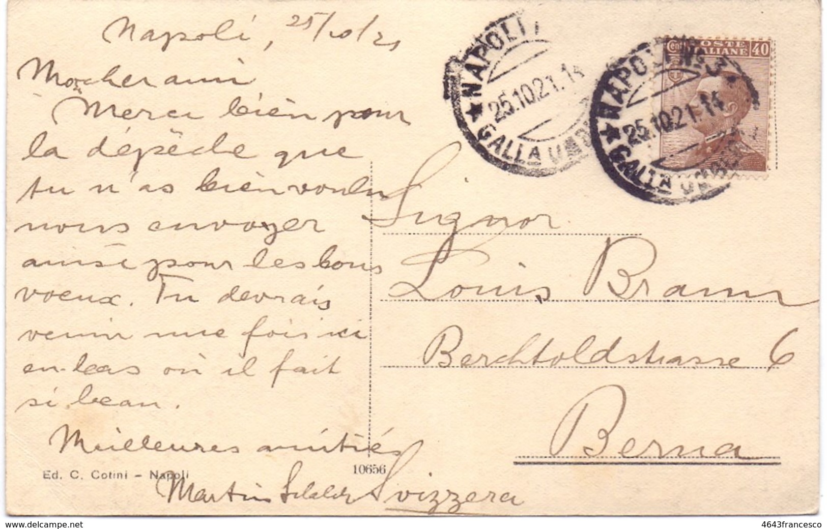 1921 Napolin Piazza Della Borsa Con Michetti 40c - Franc - Storia Postale