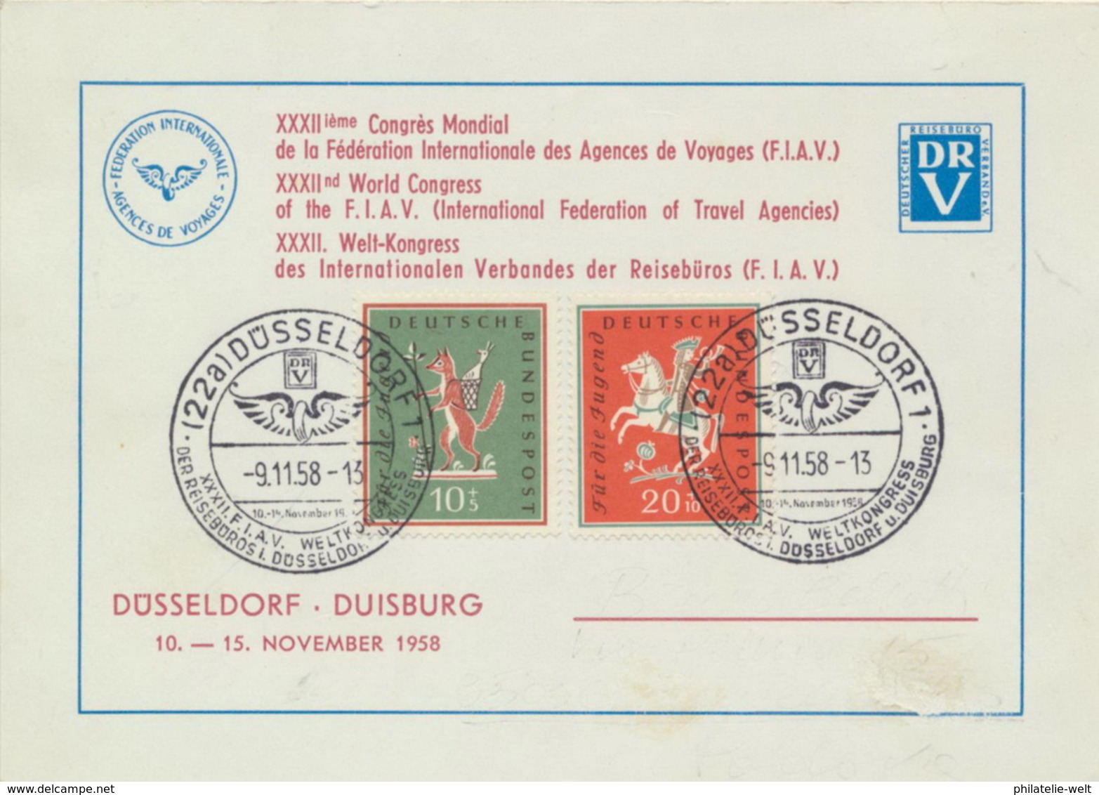 BRD 286/87 Auf Sonderkarte Weltkongreß F.I.A.V. Düsseldorf 1958 - Covers & Documents